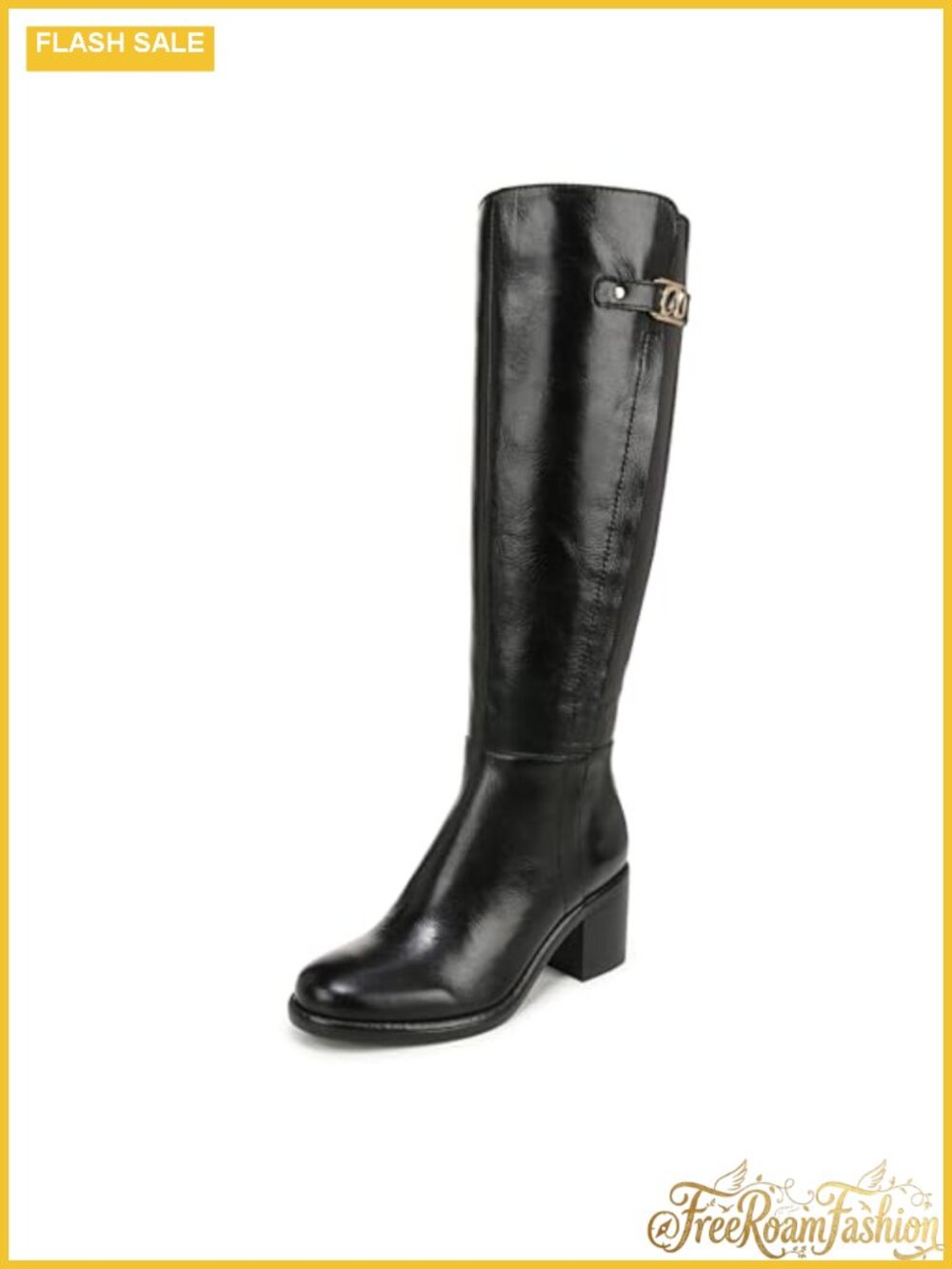 Knee High Block Heel Leather Boot Round Toe Side Zip Comfort